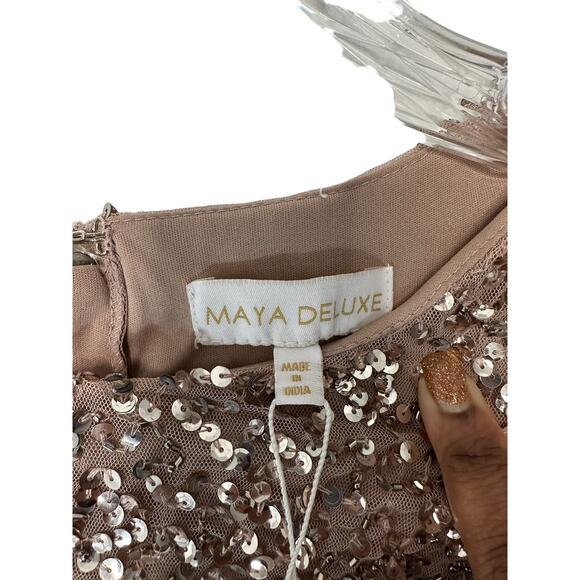 NWT Maya Deluxe Taupe Sequin Sleeveless Pop Over Tulle Maxi Dress Size 8 - Picture 3 of 14